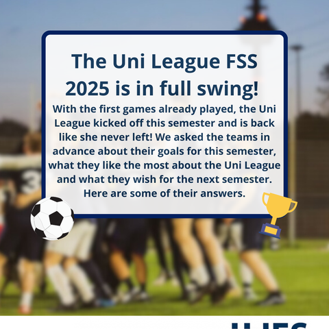 Text for the Uni League with a picture of a team celebrating in the back