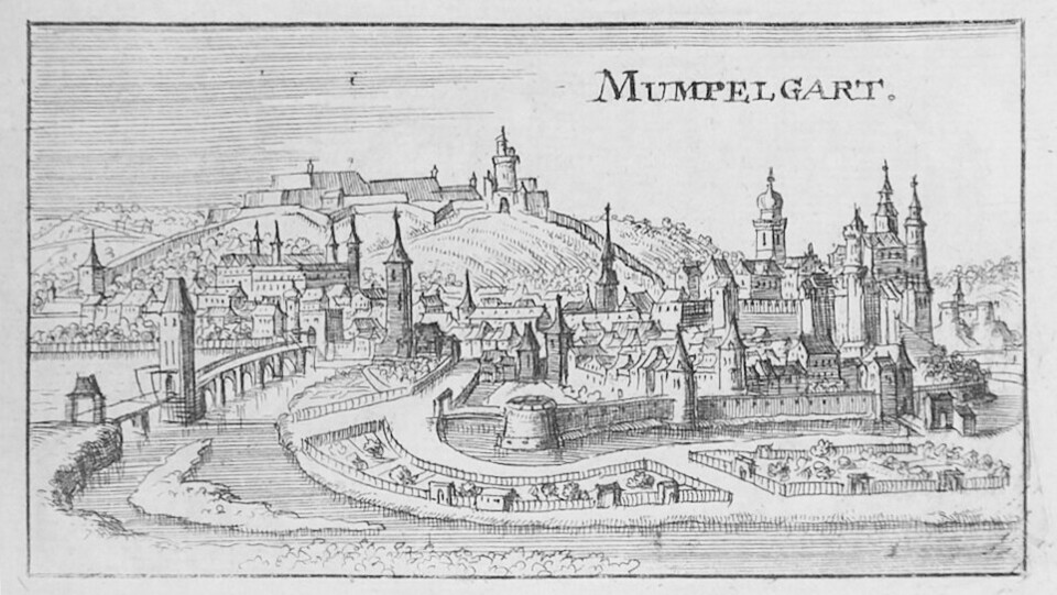 Stadtansicht von Mömpelgard, Federzeichnung aus dem 17. Jahrhundert
