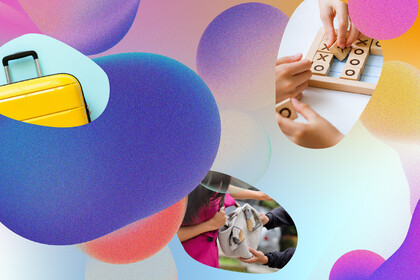 Ein gelber Koffer, ein Arm mit roter Handtasche und Kinder, die "Vier gewinnt" spielen.