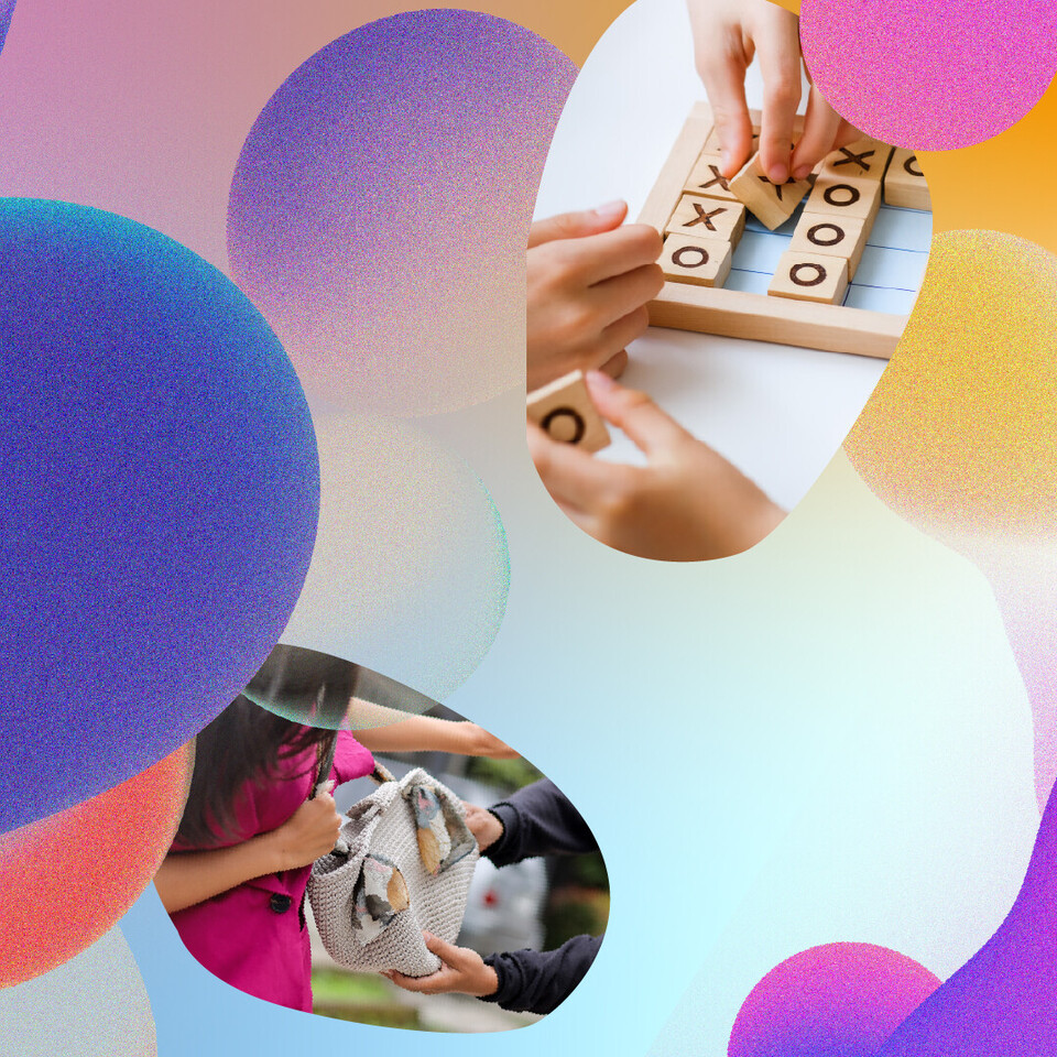 Ein gelber Koffer, ein Arm mit roter Handtasche und Kinder, die "Vier gewinnt" spielen.