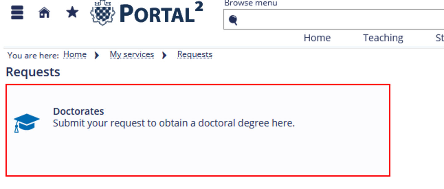 A screenshot from the Portal² website showing the “Requests” subpage and the “Doctorates” button outlined in a red box.