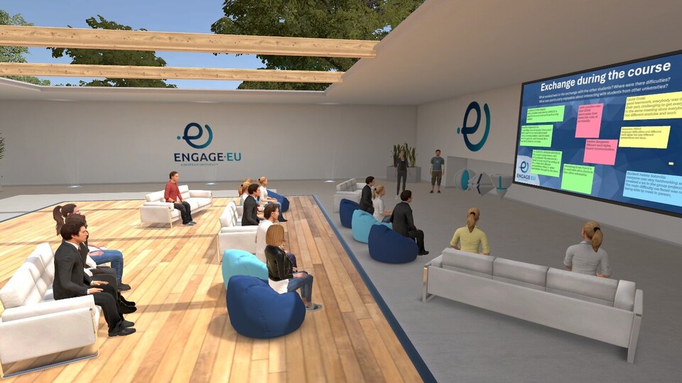 Teilnehmende des Signature-Kurses „Future of work“ im virtuellen Campus für einen interaktiven Abschluss.