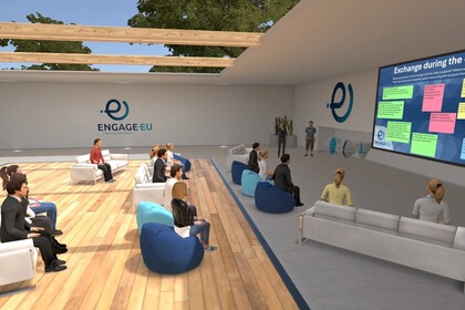 Teilnehmende des Signature-Kurses „Future of work“ im virtuellen Campus für einen interaktiven Abschluss.