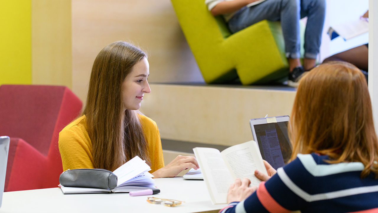 Zwei Studentinnen sitzen an einem hellen Holztisch und lernen gemeinsam. Vor ihnen liegen Laptops und Bücher.