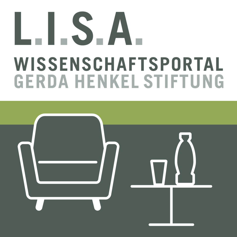 Das Logo des Wissenschaftsportals der Gerda Henkel Stiftung: Am oberen Rand steht in grüner Schrift auf weißem Hintergrund "Wissenschaftsportal Gerda Henkel Stiftung". Darunter ist vor grünem Hintergrund der weiße Umriss eines Sessels, daneben ein Trinkgefäß und eine Amphore. 