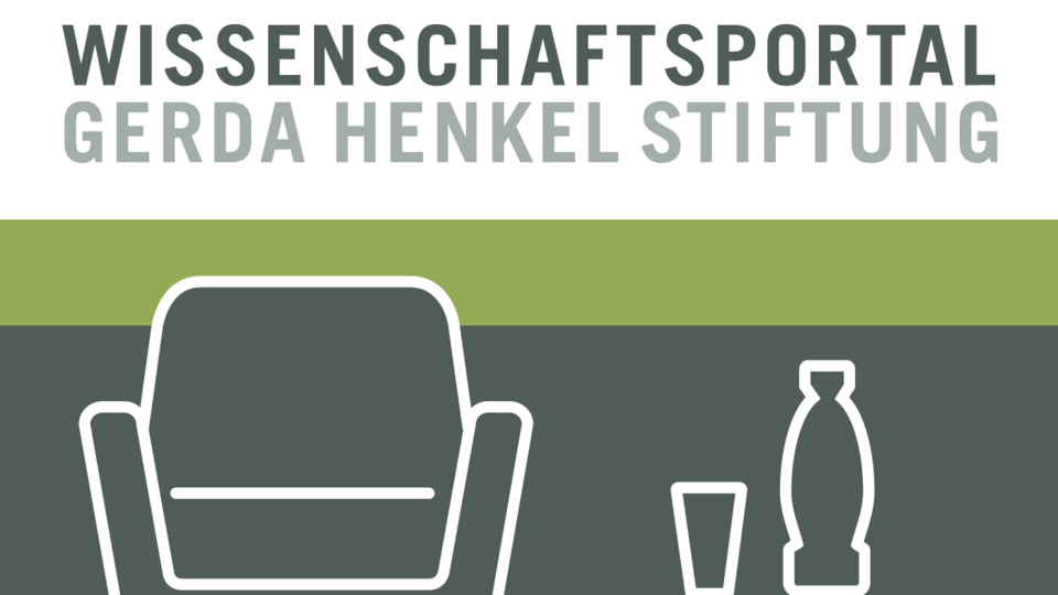 Das Logo des Wissenschaftsportals der Gerda Henkel Stiftung: Am oberen Rand steht in grüner Schrift auf weißem Hintergrund "Wissenschaftsportal Gerda Henkel Stiftung". Darunter ist vor grünem Hintergrund der weiße Umriss eines Sessels, daneben ein Trinkgefäß und eine Amphore.