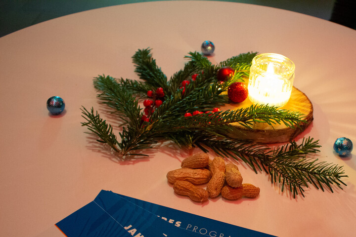 Weihnachtlich dekorierter Tisch mit Flyern zum Jahresprogramm des Hochschul Didaktik Zentrum