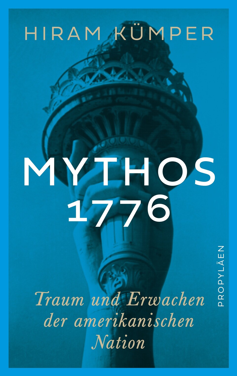 Buchcover in Blau: Hand der Freiheitsstatue mit Fackel