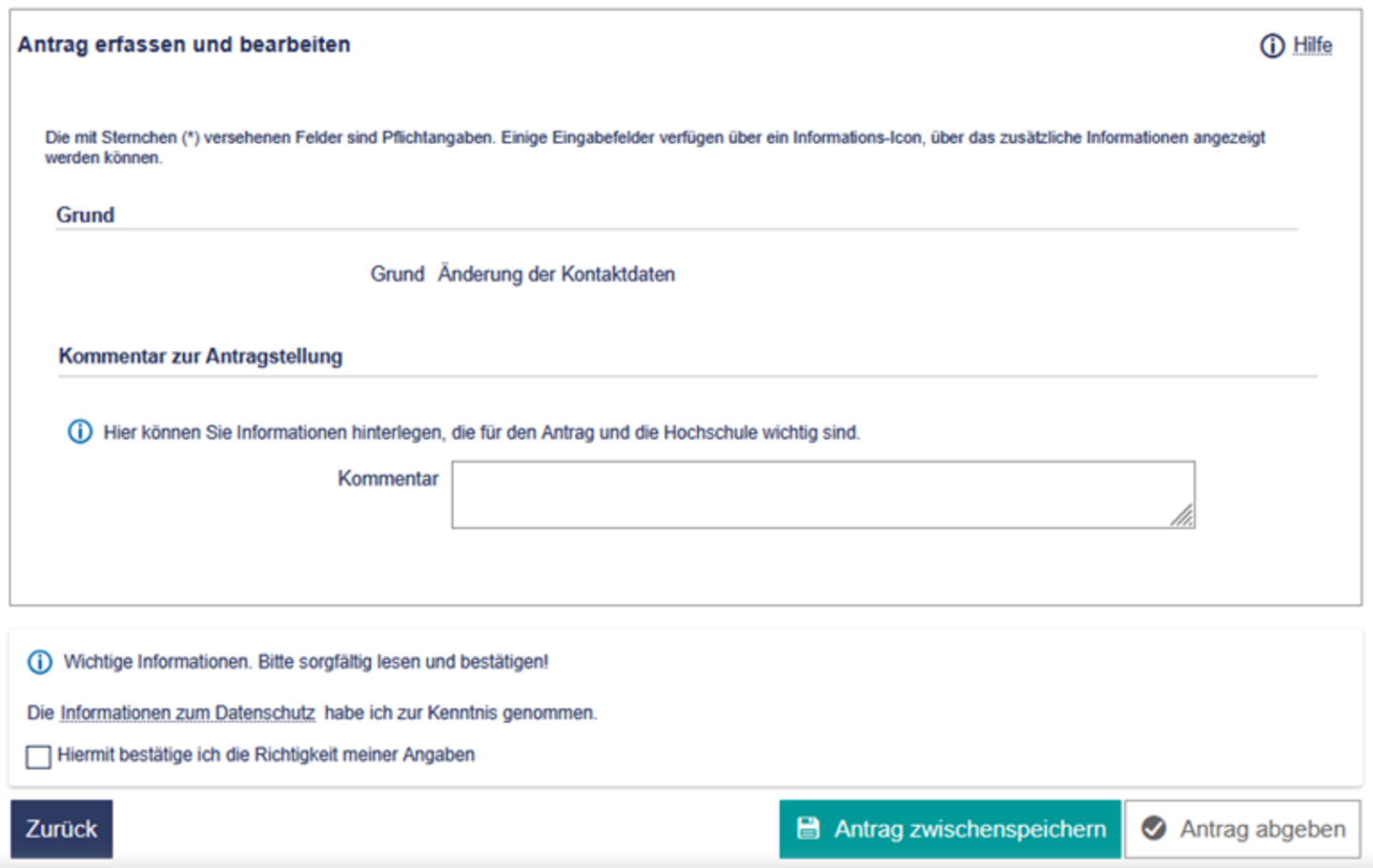 Ein Screenshot von der Website Portal² auf dem das Menü Antrag erfassen und bearbeiten mit dem Antragsgrund Änderung der Kontaktdaten abgebildet ist.