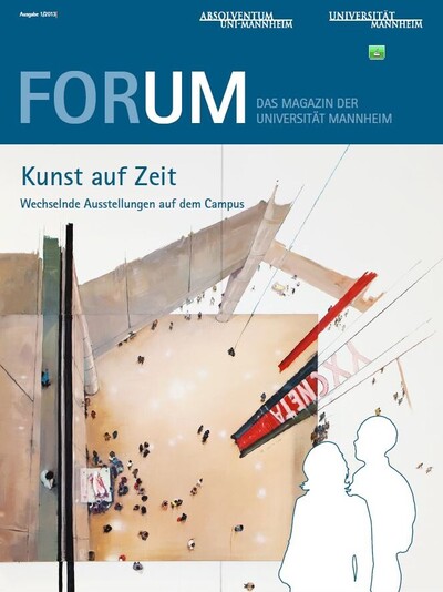 Das Cover des Magazins der Universität Mannheim. Eine Skizze aus der Vogelperspektive von einem großen Raum, indem sich viele Menschen befinden.