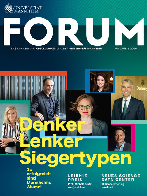 Cover des FORUM-Magazins mit dem Titel "Denker Lenker Siegertypen. So erfolgreich sind Mannheims Alumni" mit Portraits von verschiedenen Mannhheimer Alummnis, darunter Franziska Brantner
