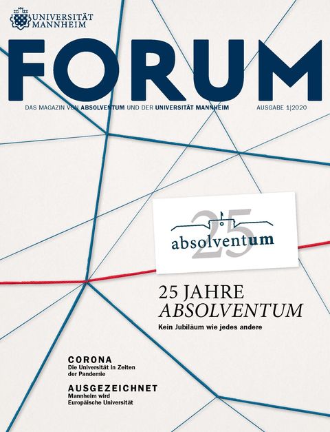 Cover des FORUM-Magazins mit Grafik eines Netzes und dem Titel "25 Jahre Absolventum. Kein Jubiläum wie jedes andere".