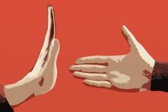 Eine Hand, die eine andere greifen möchte. Die andere Hand allerdings zeigt die ganze Handfläche anstatt einzuschlagen.