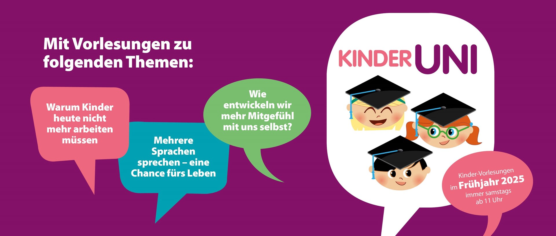 Grafik zur Kinder-Uni mit bunten Sprechblasen.