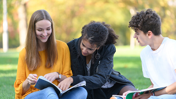 Drei Studierende sitzen mit ihren Büchern auf einer Wiese.