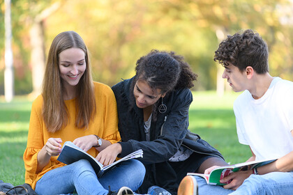 Drei Studierende sitzen mit ihren Büchern auf einer Wiese.