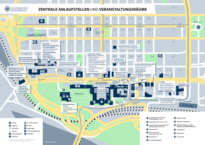Lageplan der Universität Mannheim mit den zentralen Anlaufstellen und Veranstaltungsräumen