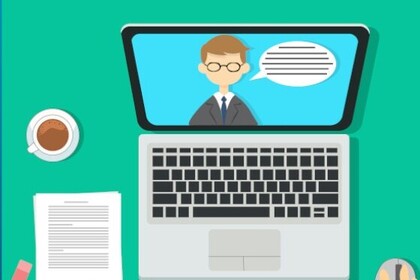 Clipart eines aufgeklappten Laptops. Links steht in weißer Schrift: "Engage.EU Online exchange initiative"