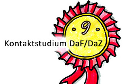 Gezeichnete rote Kokarde mit gelbem Zentrum, in dem eine schwarze Zahl "9" steht. Links neben der Kokarde steht der Text "Kontaktstudium DaF/DaZ".