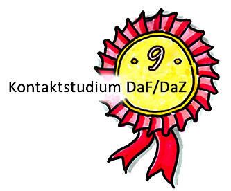Gezeichnete rote Kokarde mit gelbem Zentrum, in dem eine schwarze Zahl "9" steht. Links neben der Kokarde steht der Text "Kontaktstudium DaF/DaZ".