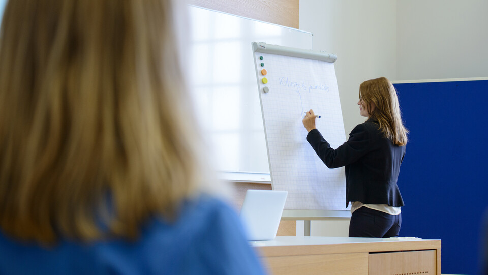 Eine weiblich gelesene Person steht an einem Flipchart und schreibt etwas auf.