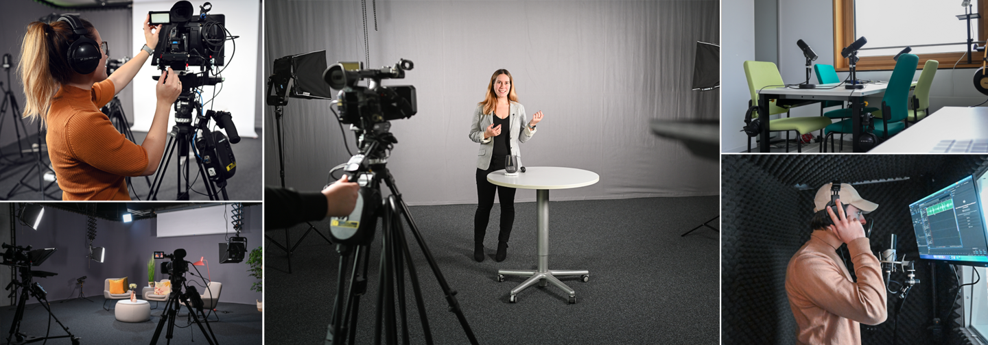 Eine Collage aus Fotos, die das Video- sowie Tonstudio der Universität Mannheim zeigen