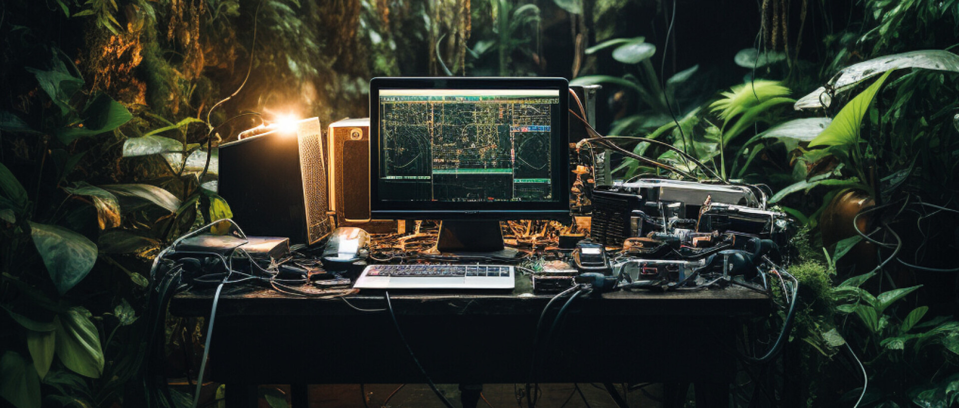 Ein Computerarbeitsplatz mit Monitor und elektronischer Ausrüstung steht inmitten eines dichten Dschungels.