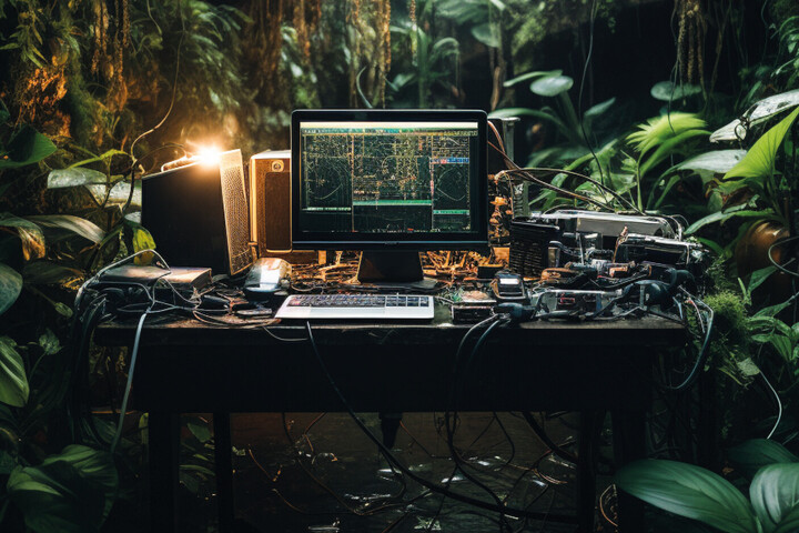 Ein eingeschalteter Computer steht in einem Dschungel.