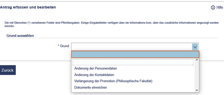 Ein Screenshot von der Website Portal² auf dem das Menü Antrag erfassen und bearbeiten und der Auswahl des Antragsgrundes abgebildet ist.