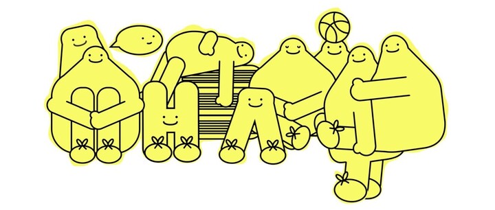 10 illustrated characters, speech bubbles, and letters in bright yellow. All letters, speech bubbles, and characters are smiling.