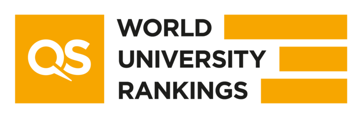 Das Logo des QS World University Rankings ist orange, weiß und schwarz mit orangenen Feldern und Balken und schwarzer Schrift.