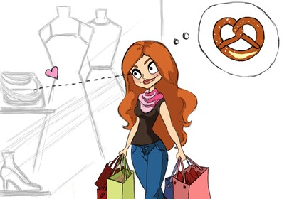 Eine Frau mit mehreren Einkaufstaschen schaut mit großen Augen eine Handtasche in einem Schaufenster an. In einer Denkblase ist eine Brezel.