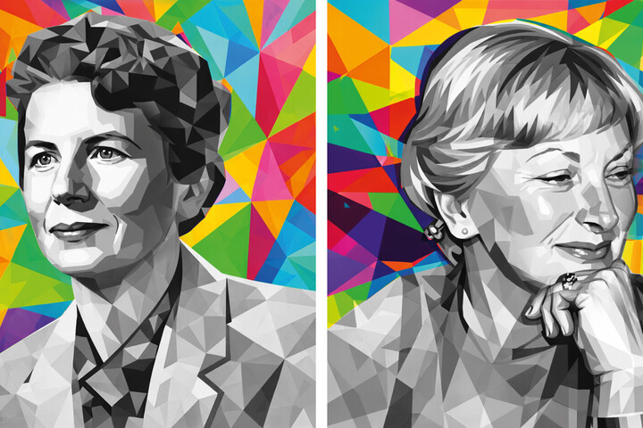 Porträtbilder von Gudrun Höhl und Elfride Höhn, die schwarz-weiß gehalten und im Hintergrund bunt grafisch illustriert wurden.