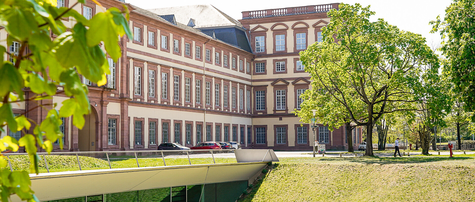 Mensawiese im Frühling mit dem Blick auf das Mannheimer Schloss