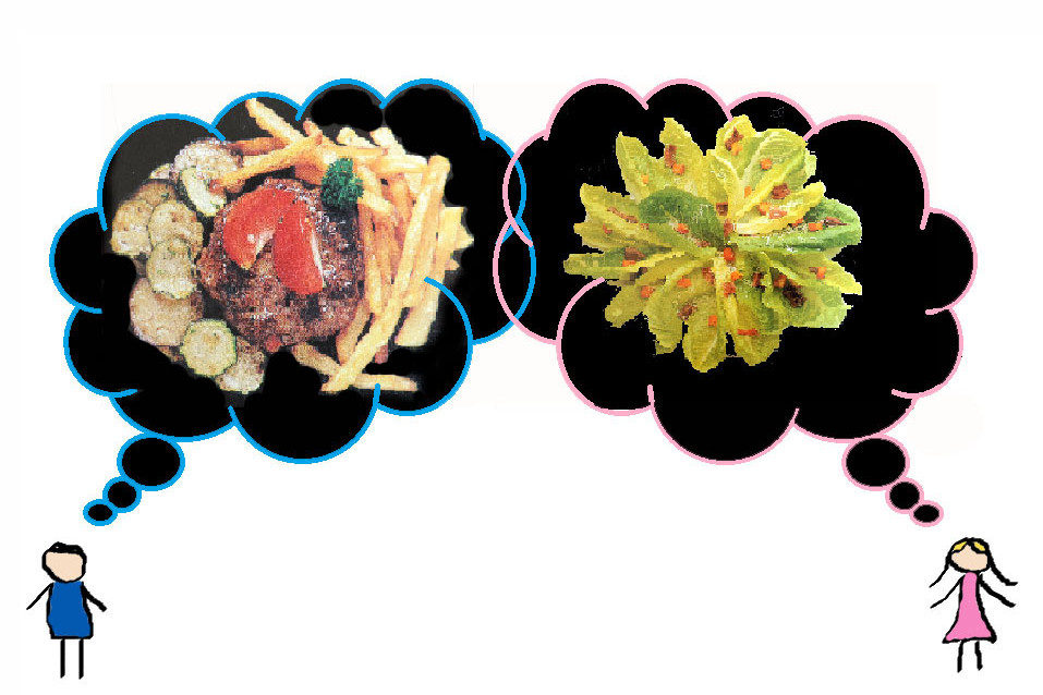 Zwei Denkblasen gehen von einem Mädchen und einem Jungen nach oben; in der vom Jungen sind Pommes, Fleisch und ein wenig Gemüse, in der vom Mädchen viele Salatblätter.