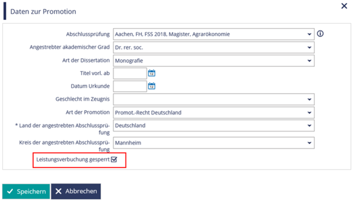 Screenshot aus DOC auf dem das Fenster "Daten zur Promotion" abgebildet ist und die Checkbox "Leistungsverbuchung gesperrt" rot markiert ist.