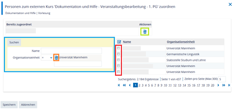 Es wird das Overlay angezeigt, in dem Personen gesucht und ausgewählt werden können, die als zusätzliche (Lehr)personen oder Admins zu einem Kurs hinzugefügt werden.