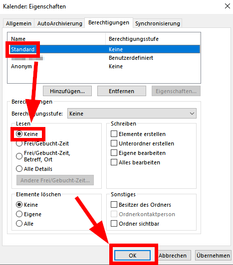 Berechtigungsstufe auswählen