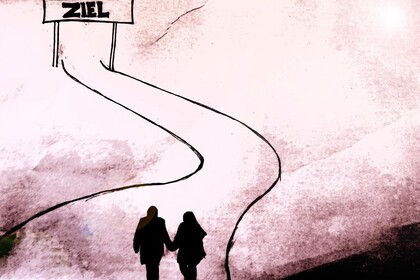 Ein Paar läuft Hand in Hand auf einem kurvigen Weg. Am Ende des Weges steht ein Bogen mit der Aufschrift "Ziel".