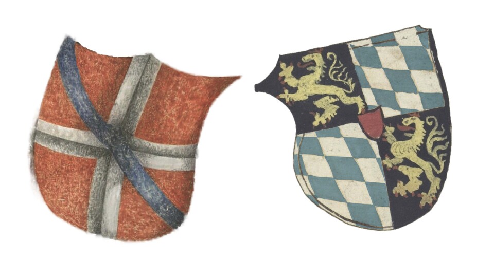 Wappen Savoyen-Achaia mit weißem Kreuz auf rotem Grund, darüber blauer Faden und Wappen Kurpfalz mit steigendem Löwen auf 1 und 4 und blau-silber geweckt auf 2 und 3