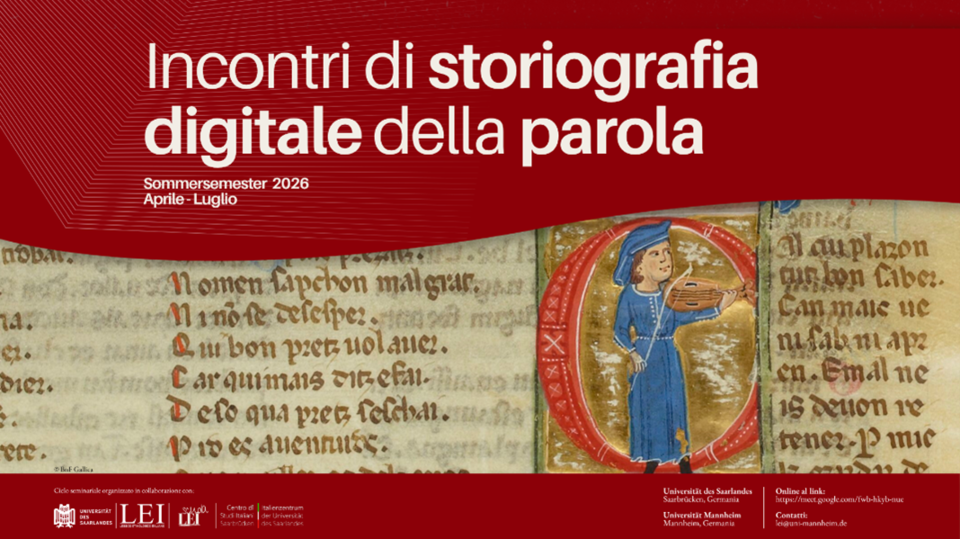 Veranstaltungsplakat zur Vortragsreihe "Incontri di Storiografia digitale della parola"