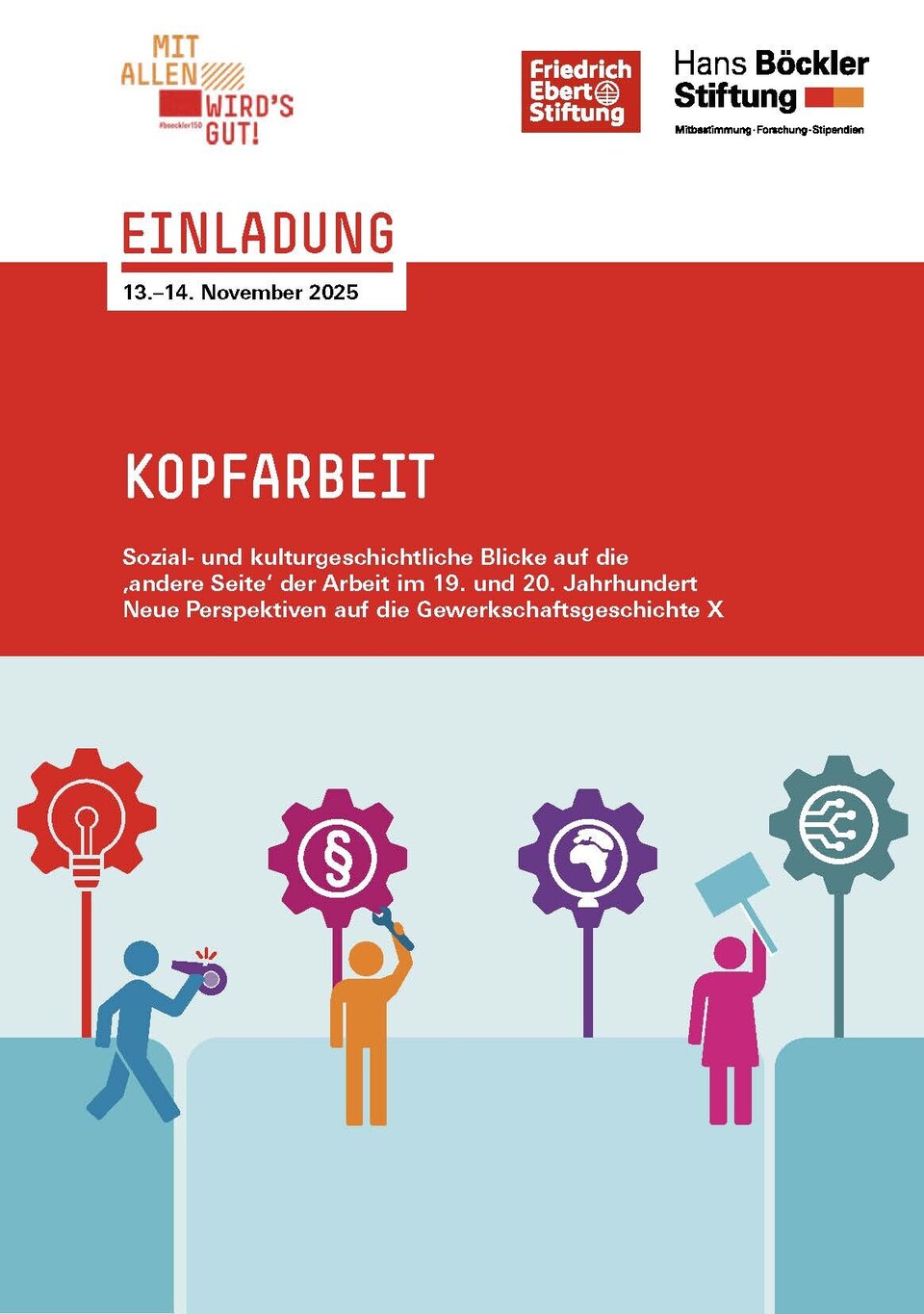 Titelseite des Flyers mit rotem Header und Tagungstitel sowie 3 Figuren mit Werkzeugen in der Hand und 4 Zahnrädern mit Wissenssymbolen