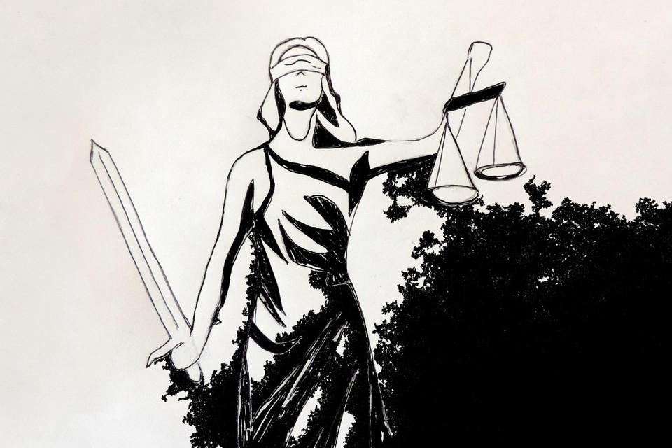 Zeichnung einer Frau (Justitia), die in ihrer rechten Hand ein Schwert hält und in der linken eine Waage. Ihre Augen sind verbunden.