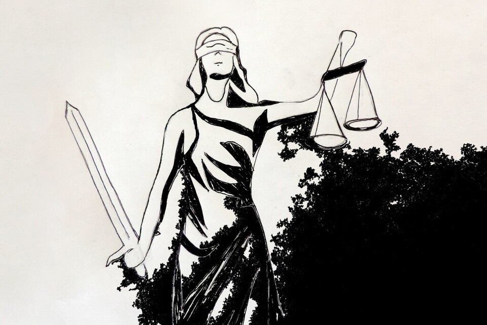 Zeichnung einer Frau (Justitia), die in ihrer rechten Hand ein Schwert hält und in der linken eine Waage. Ihre Augen sind verbunden.