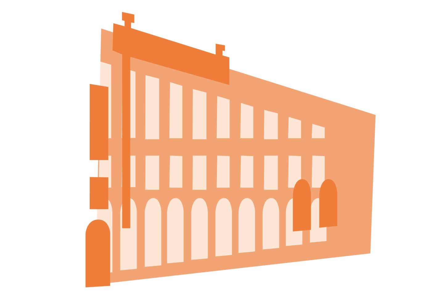 Orangene Grafik eines Seitenflügels des Mannheimer Schlosses. Zusammen mit den anderen, verschiedenfarbigen Bausteinen bildet sie ein buntes Schloss.