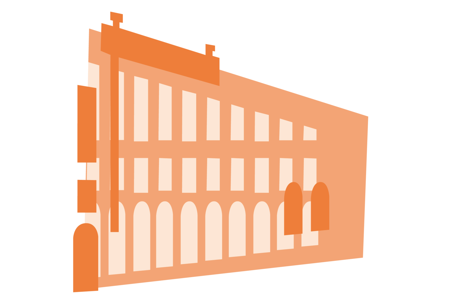 Orangene Grafik eines Seitenflügels des Mannheimer Schlosses. Zusammen mit den anderen, verschiedenfarbigen Bausteinen bildet sie ein buntes Schloss.