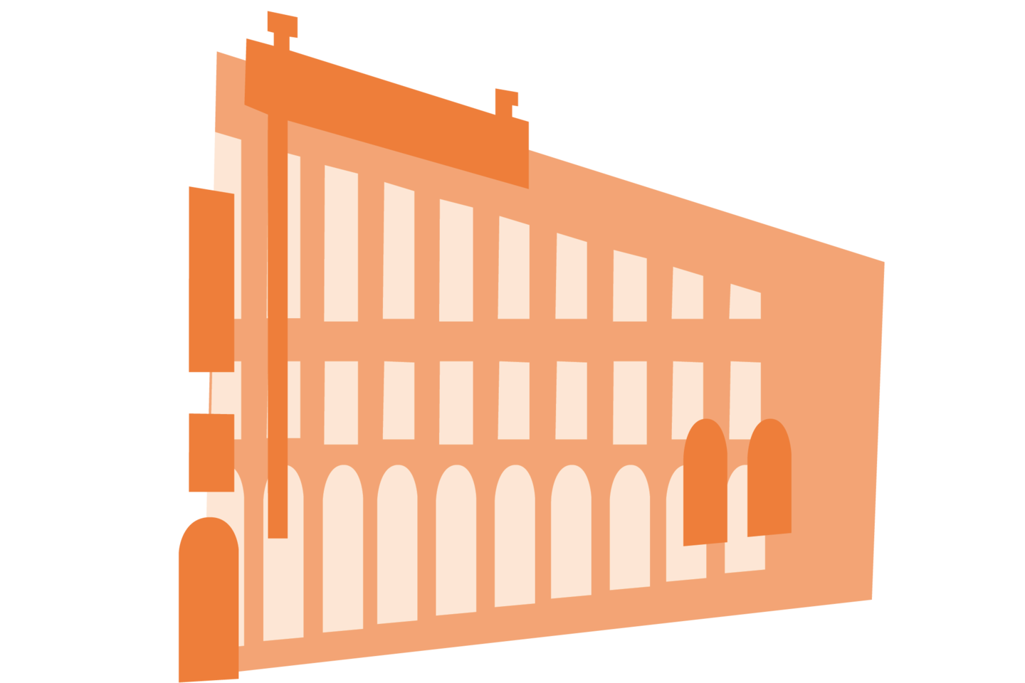 Orangene Grafik eines Seitenflügels des Mannheimer Schlosses. Zusammen mit den anderen, verschiedenfarbigen Bausteinen bildet sie ein buntes Schloss.
