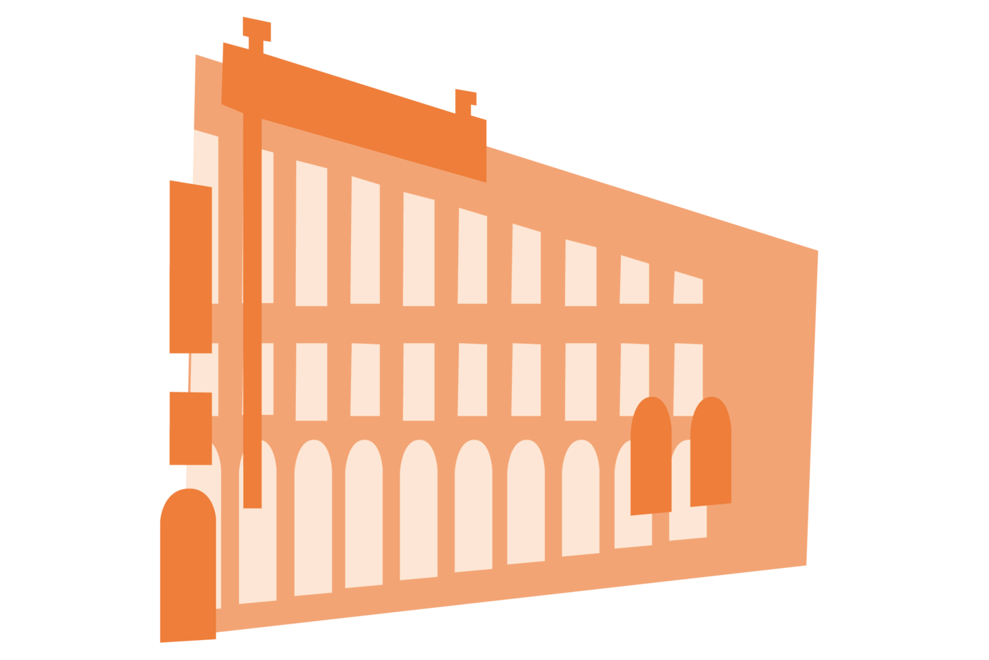 Orangene Grafik eines Seitenflügels des Mannheimer Schlosses. Zusammen mit den anderen, verschiedenfarbigen Bausteinen bildet sie ein buntes Schloss.
