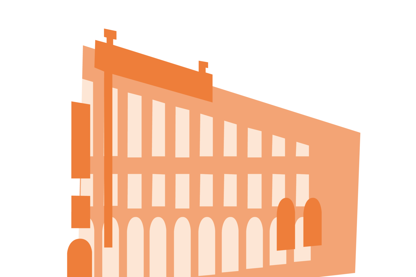 Orangene Grafik eines Seitenflügels des Mannheimer Schlosses. Zusammen mit den anderen, verschiedenfarbigen Bausteinen bildet sie ein buntes Schloss.
