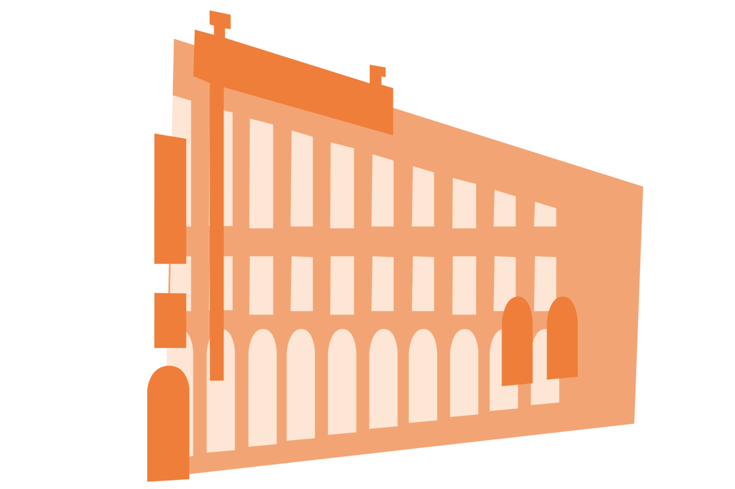 Orangene Grafik eines Seitenflügels des Mannheimer Schlosses. Zusammen mit den anderen, verschiedenfarbigen Bausteinen bildet sie ein buntes Schloss.